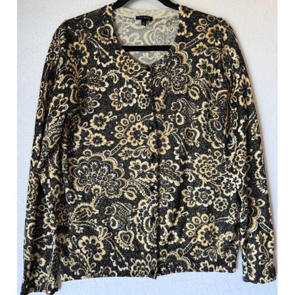 Talbots Cardigan Sweater Women Large Black Gold Floral Paisley Metallic Knit